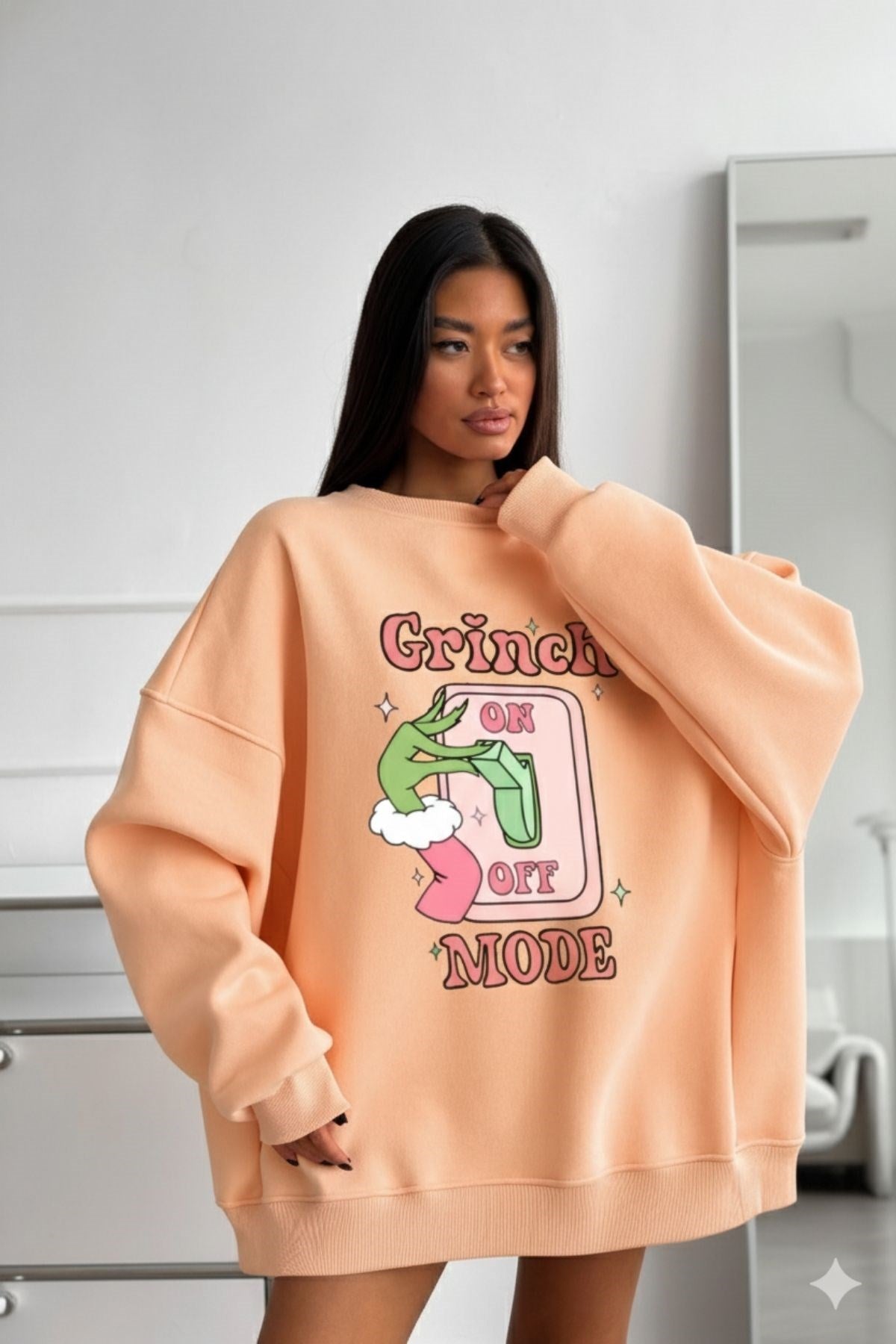 Kadın Oversize Sweatshirt Elbise Grinch Mode Baskılı Turuncu – Bisiklet Yaka, 3 İplik Şardonlu Polar