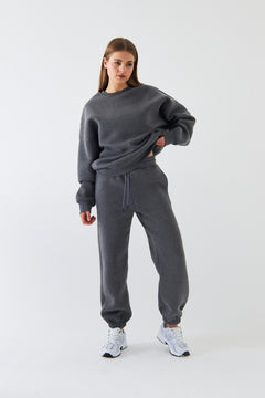 Unisex Oversize Eşofman Takımı Basic Füme Melanj – Bisiklet Yaka, Lastikli Paça, 3 İplik Polar