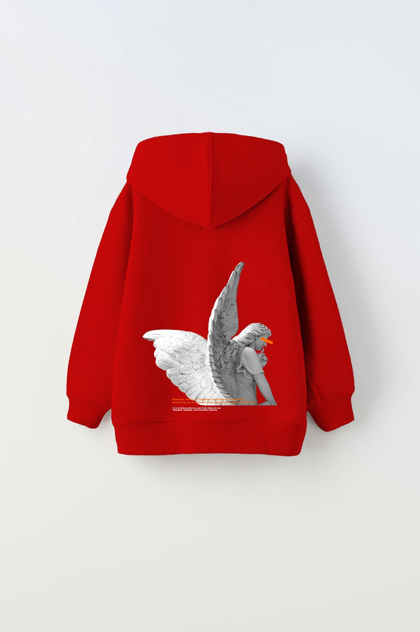 Kapüşonlu İçi Polar Art Work Heykel Baskılı Kırmızı Unisex Çocuk Hoodie Sweatshirt