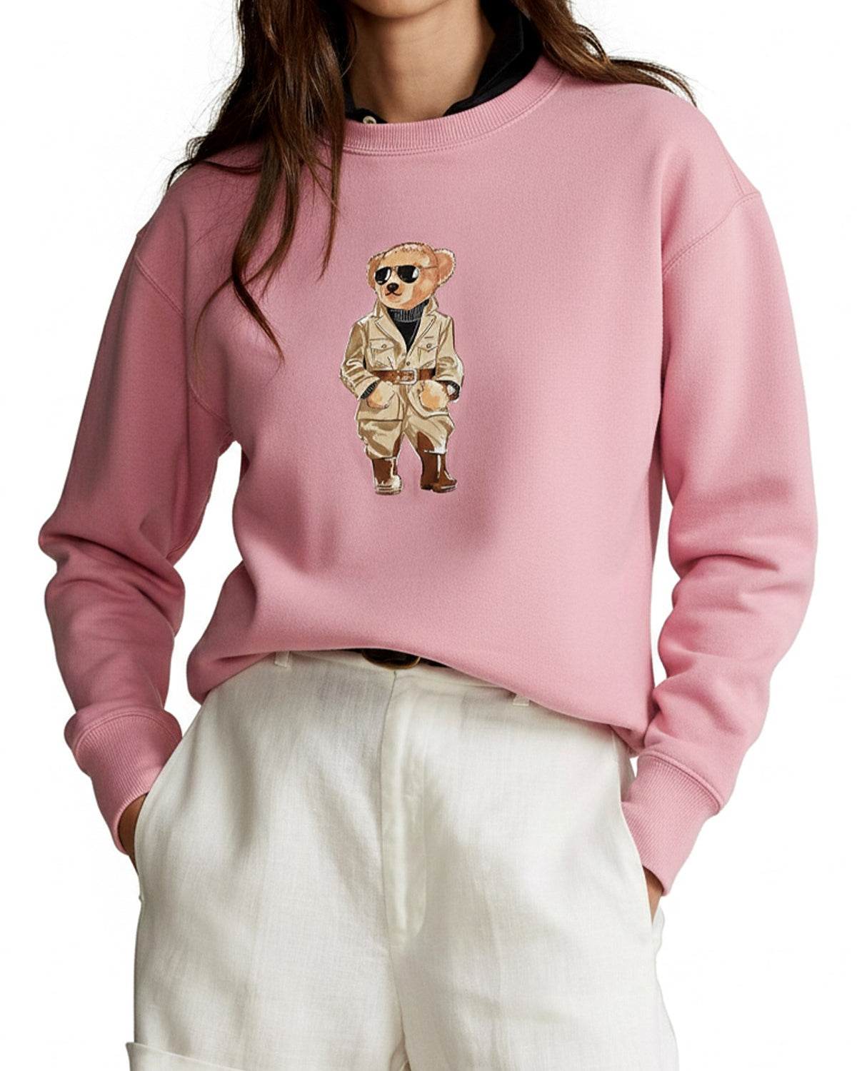 Kadın Oversize Sweatshirt Trench Bear Baskılı Kahverengi – Bisiklet Yaka, 3 İplik Şardonlu