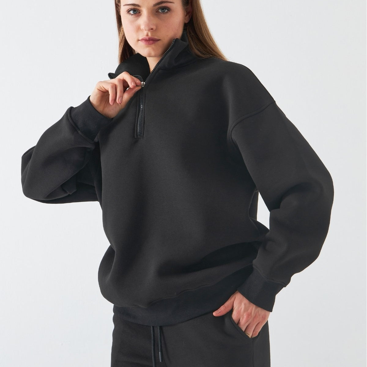Unisex Oversize Sweatshirt Basic Füme – Yarım Fermuar Dik Yaka, 3 İplik Şardonlu Polar