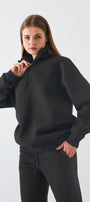 Unisex Oversize Sweatshirt Basic Füme – Yarım Fermuar Dik Yaka, 3 İplik Şardonlu Polar