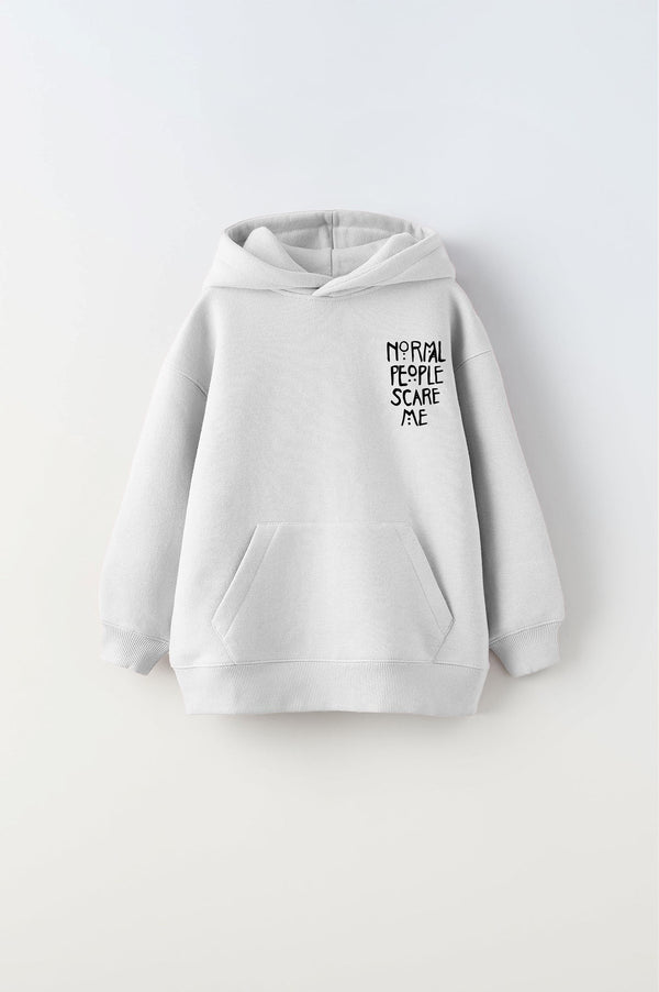 Kapüşonlu İçi Polar Normal People Scare Me Baskılı Beyaz Unisex Hoodie Çocuk Sweatshirt