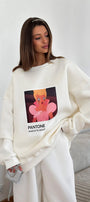 Kadın Oversize Sweat Elbise Beyaz - 3 İplik Şardonlu , Bisiklet Yaka, Pantone - prenses baskılı