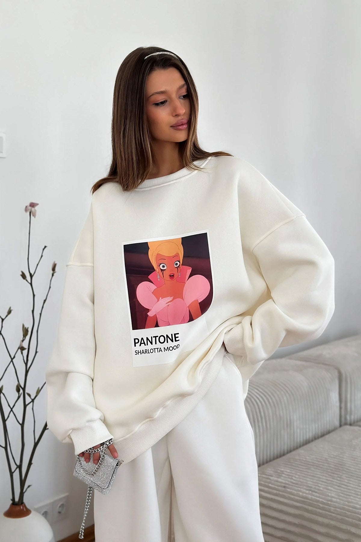Kadın Oversize Sweat Elbise Beyaz - 3 İplik Şardonlu , Bisiklet Yaka, Pantone - prenses baskılı