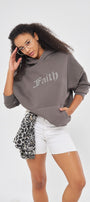 Faith Yazılı Taş Baskılı Kapüşonlu İçi Polar Oversize Füme Sweatshirt