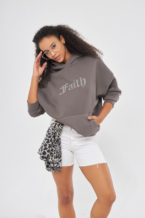 Faith Yazılı Taş Baskılı Kapüşonlu İçi Polar Oversize Füme Sweatshirt