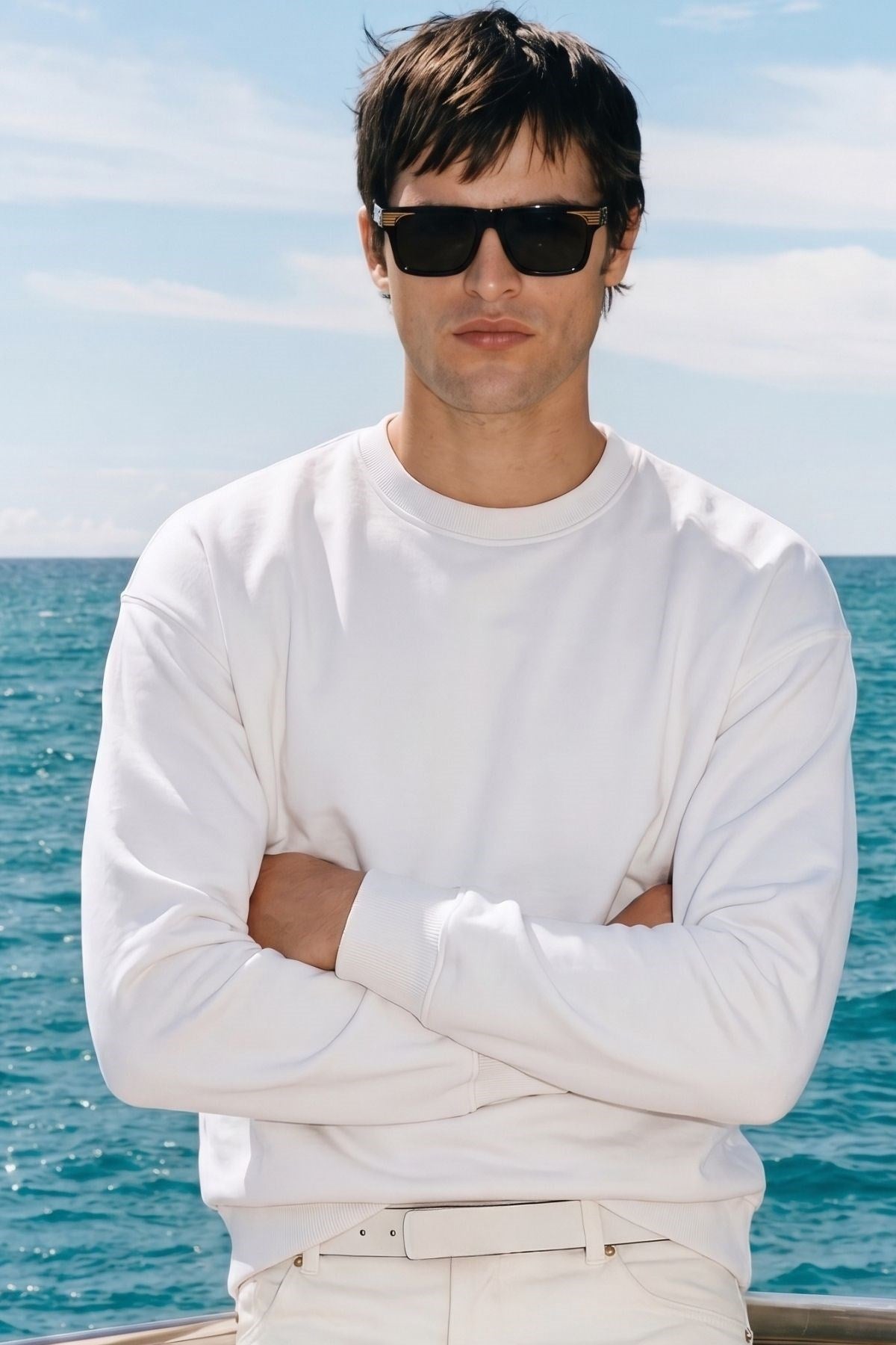 Erkek Oversize Sweatshirt Abyss Baskılı Beyaz – Bisiklet Yaka, 3 İplik Şardonlu Polar