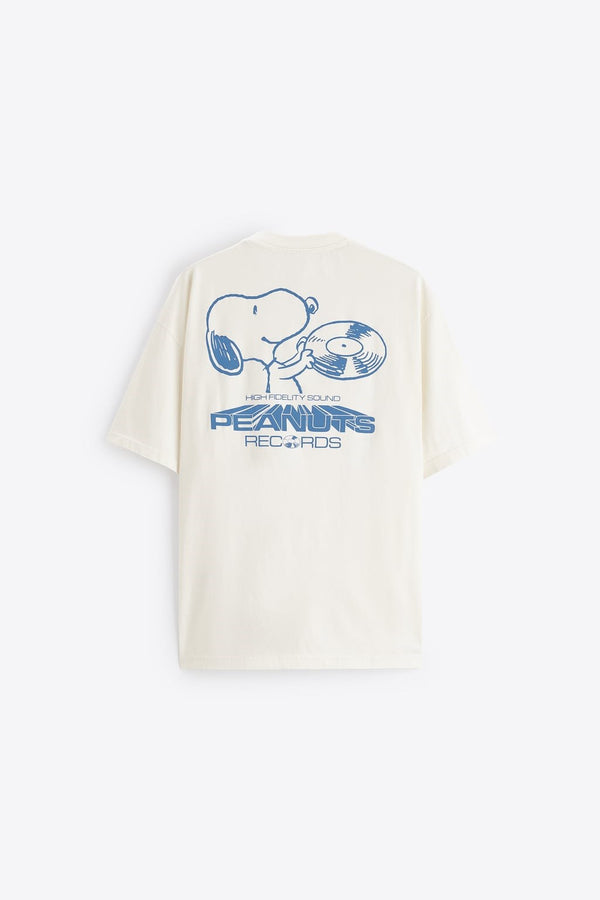 Bisiklet Yaka Peanuts Records Baskılı Oversize Beyaz Erkek T-shirt