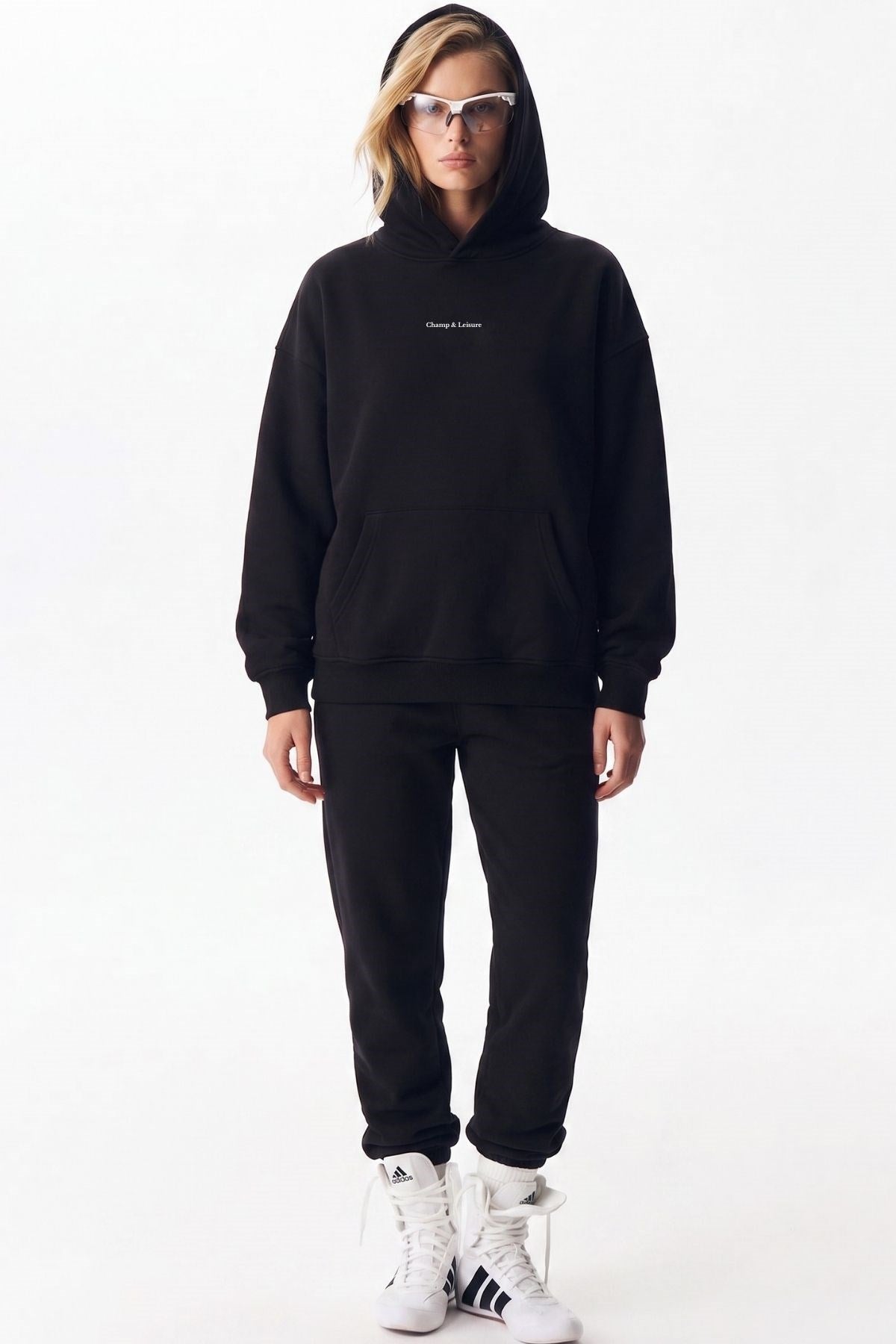 Unisex Oversize Eşofman Takımı Champ & Leisure Baskılı Siyah–3 İplik Polar, Kapüşonlu Üst, Lastikli Alt
