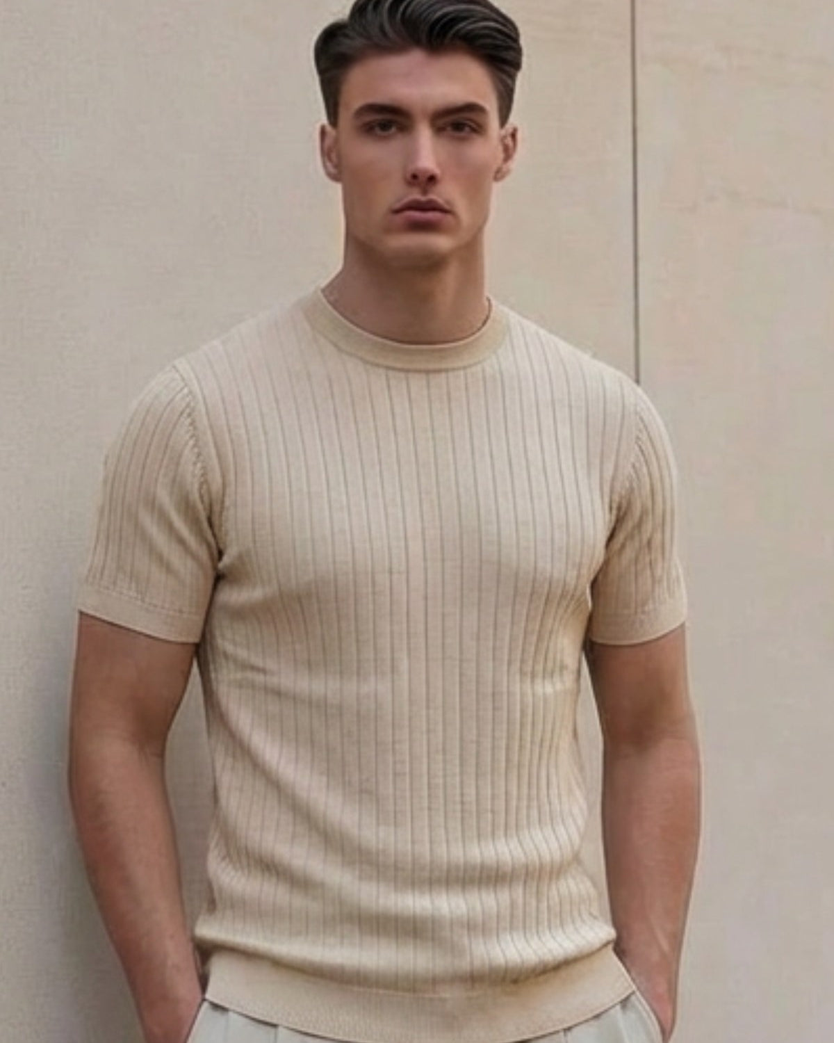 Erkek Dokulu Fitilli Triko Tişört Bej - Bisiklet Yaka, Fit, Yazlık, Örme