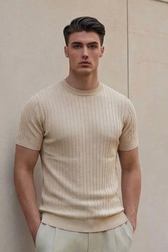 Erkek Dokulu Fitilli Triko Tişört Bej - Bisiklet Yaka, Fit, Yazlık, Örme