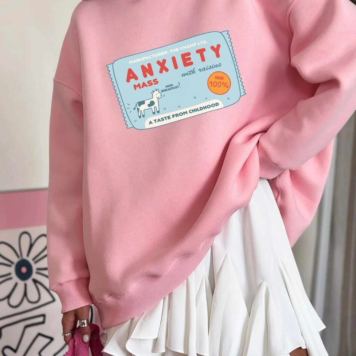 Kadın Oversize Sweatshirt Elbise Anxiety Bar Baskılı Pembe – Bisiklet Yaka, 3 İplik Şardonlu Polar