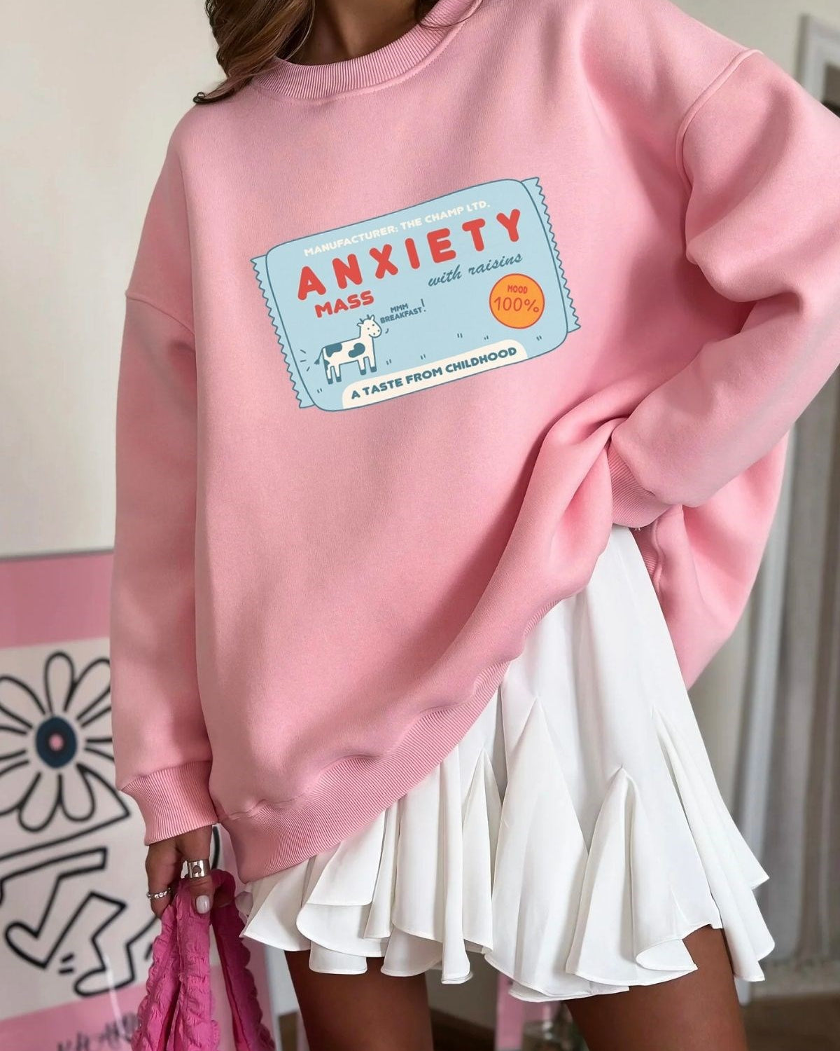 Kadın Oversize Sweatshirt Elbise Anxiety Bar Baskılı Pembe – Bisiklet Yaka, 3 İplik Şardonlu Polar