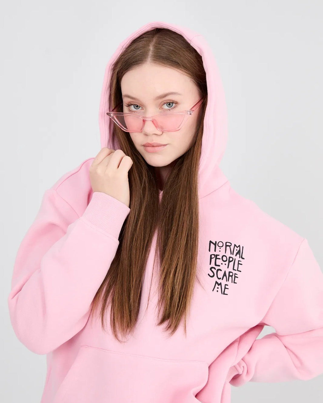 Kapüşonlu İçi Polar Normal People Scare Me Baskılı Pembe Unisex Hoodie Sweatshirt