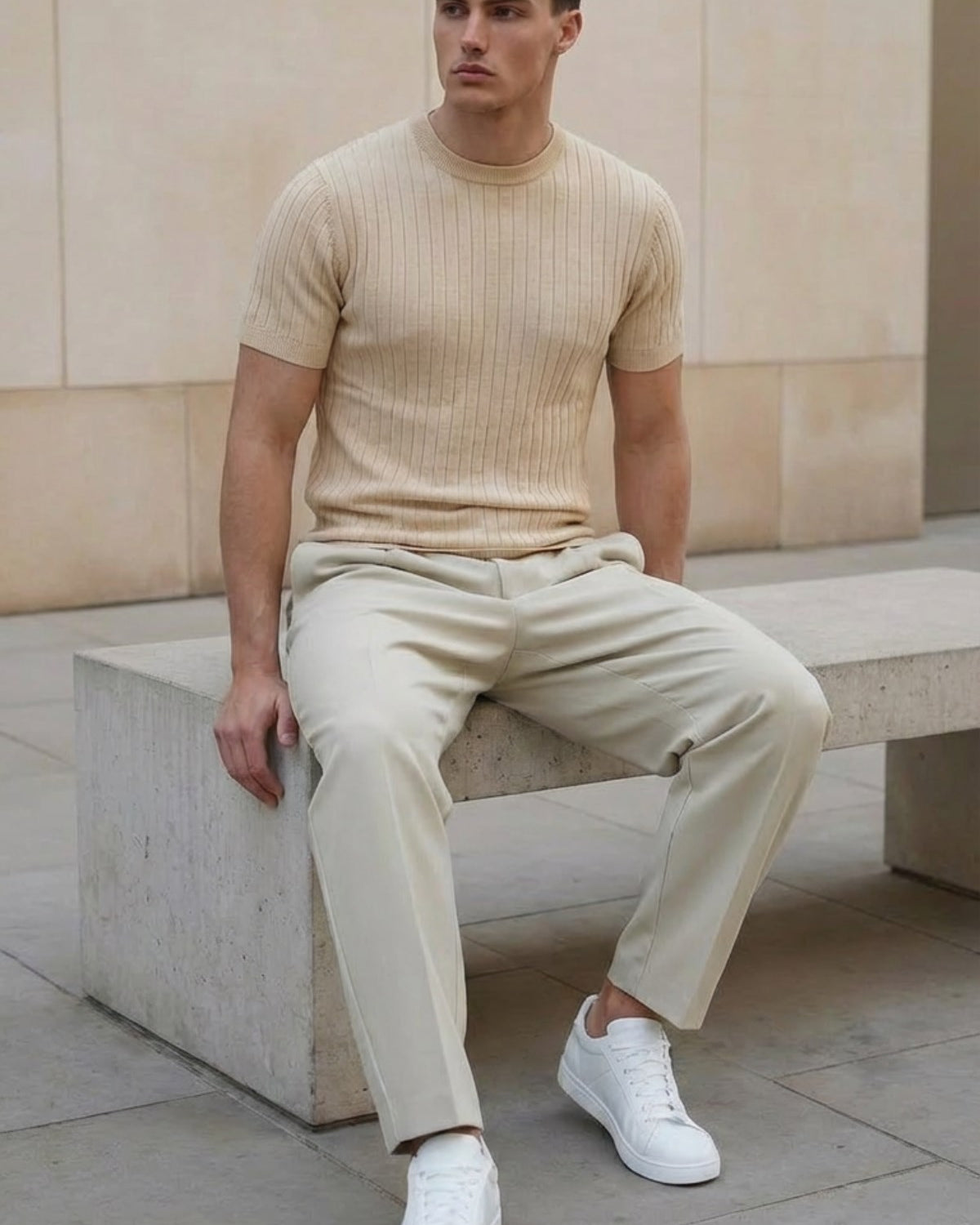 Erkek Dokulu Fitilli Triko Tişört Bej - Bisiklet Yaka, Fit, Yazlık, Örme