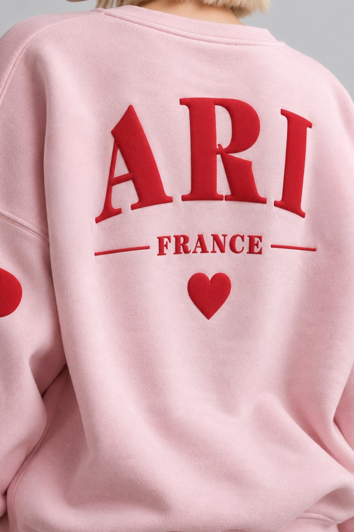 Kadın Oversize Sweatshirt Paris 3D Baskılı Pembe – Bisiklet Yaka, Kol ve Sırt Baskılı, 3 İplik