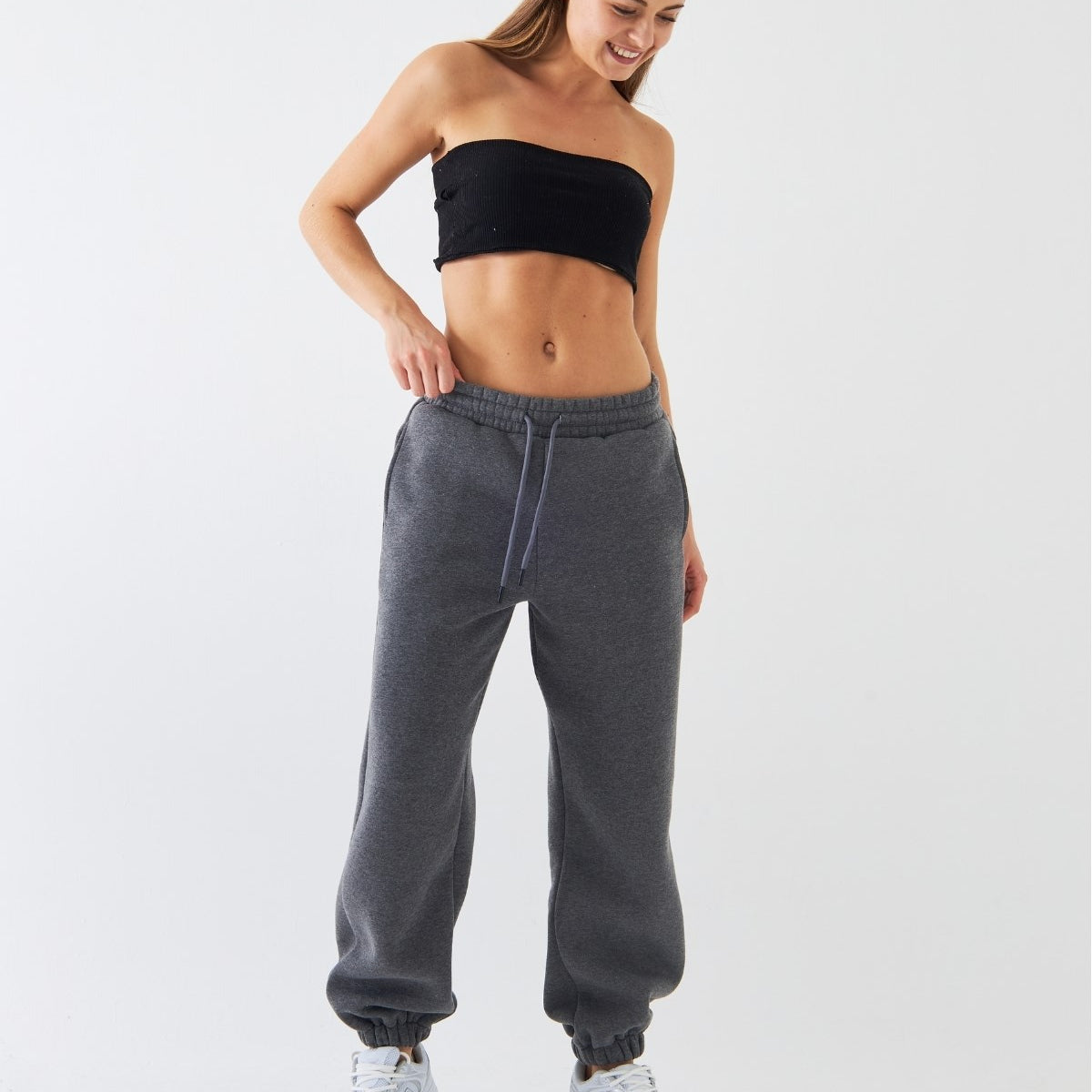 Oversize Unisex Eşofman Altı Füme Melanj – 3 İplik Şardonlu, Paça-Bel Lastikli, Cepli, Rahat Kesim