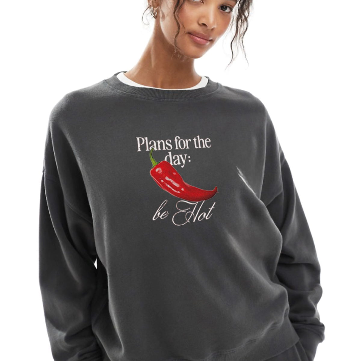 Kadın Oversize Sweatshirt Be Hot Baskılı Füme – Bisiklet Yaka, 3 İplik Şardonlu Polar