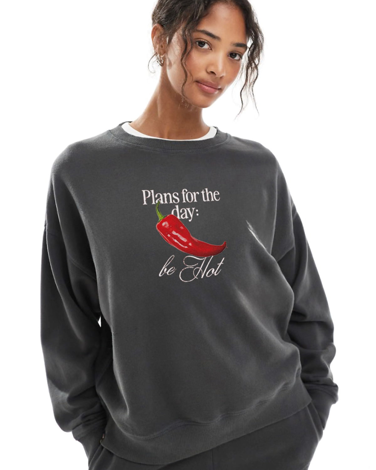 Kadın Oversize Sweatshirt Be Hot Baskılı Füme – Bisiklet Yaka, 3 İplik Şardonlu Polar