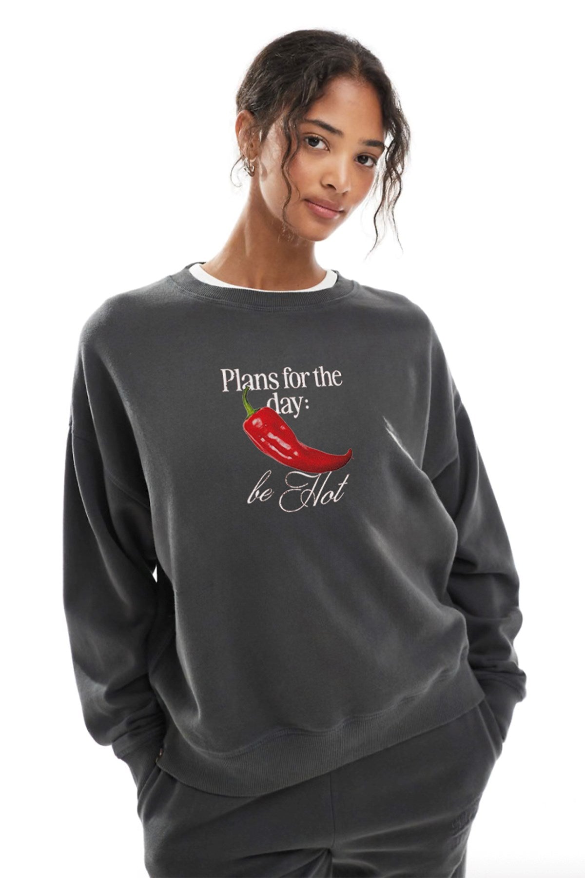 Kadın Oversize Sweatshirt Be Hot Baskılı Füme – Bisiklet Yaka, 3 İplik Şardonlu Polar