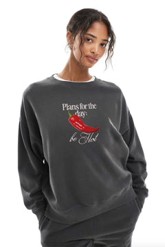 Kadın Oversize Sweatshirt Be Hot Baskılı Füme – Bisiklet Yaka, 3 İplik Şardonlu Polar