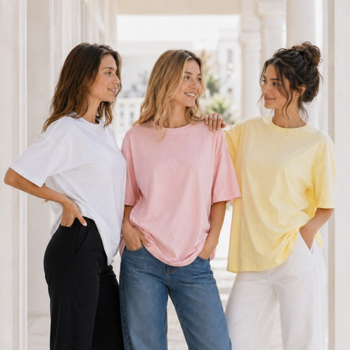 Kadın 3’lü Oversize Tişört Seti Beyaz Pembe Sarı – Bisiklet Yaka, Rahat Kalıp, %100 Pamuk