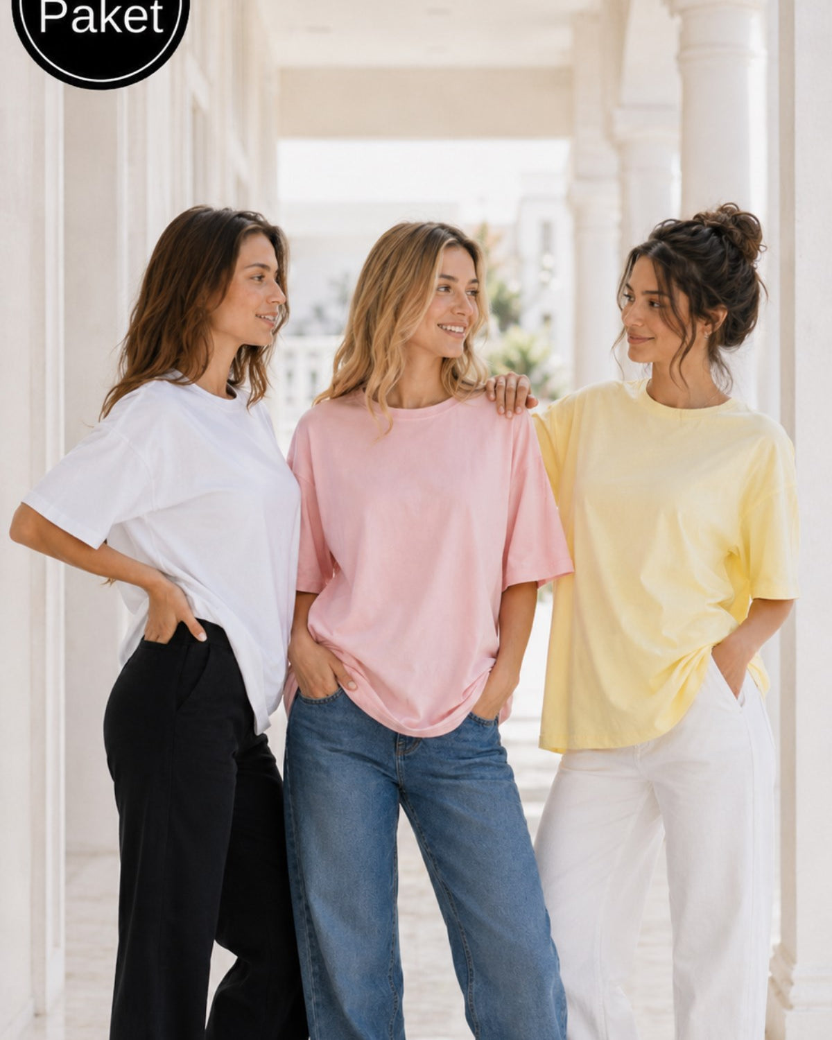 Kadın 3’lü Oversize Tişört Seti Beyaz Pembe Sarı – Bisiklet Yaka, Rahat Kalıp, %100 Pamuk