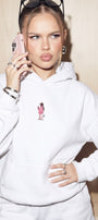 Kadın Oversize Hoodie Pink Kitty Club Baskılı Beyaz - Kapüşonlu, Cepli, 3 İplik Polar