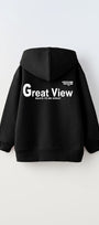 Kapüşonlu İçi Polar Great View Yazı Baskılı Siyah Unisex Çocuk Hoodie Sweatshirt
