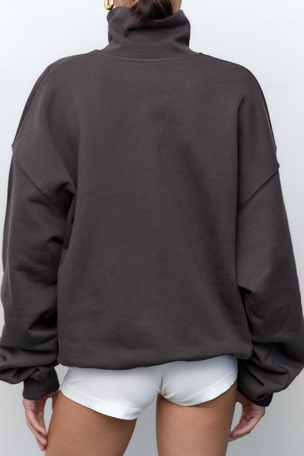 Kadın Füme Beverly Hills CHAMP Baskılı Fermuarlı Yarım Balıkçı Yaka Oversize Sweatshirt – Spor ve Günlük Şık Üst