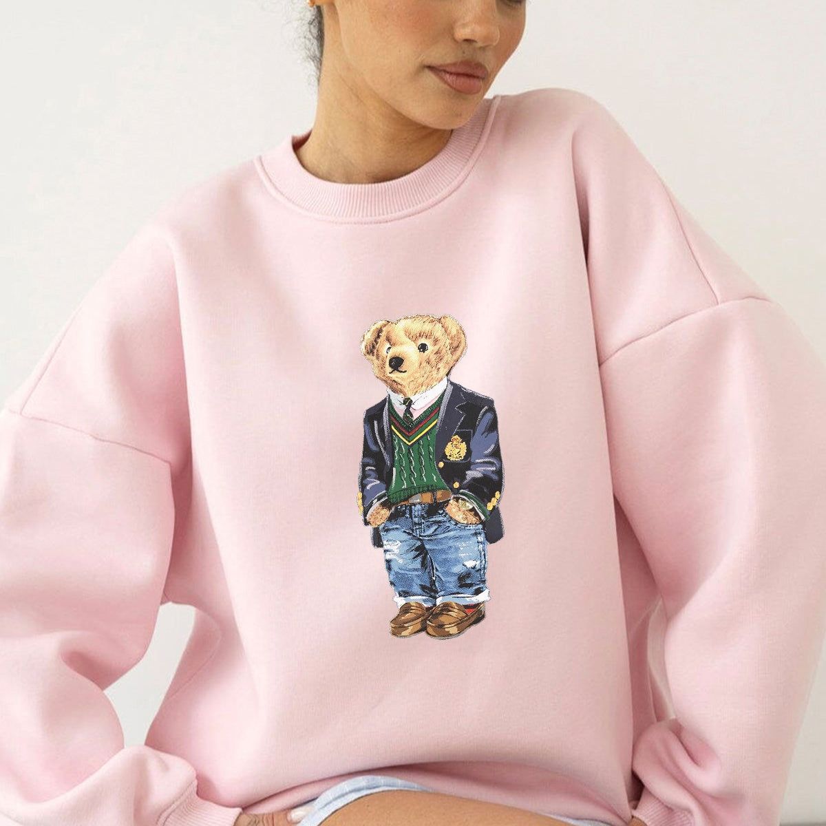 Kadın Oversize Sweatshirt Ivy Bear Baskılı Pembe – Bisiklet Yaka, 3 İplik Şardonlu