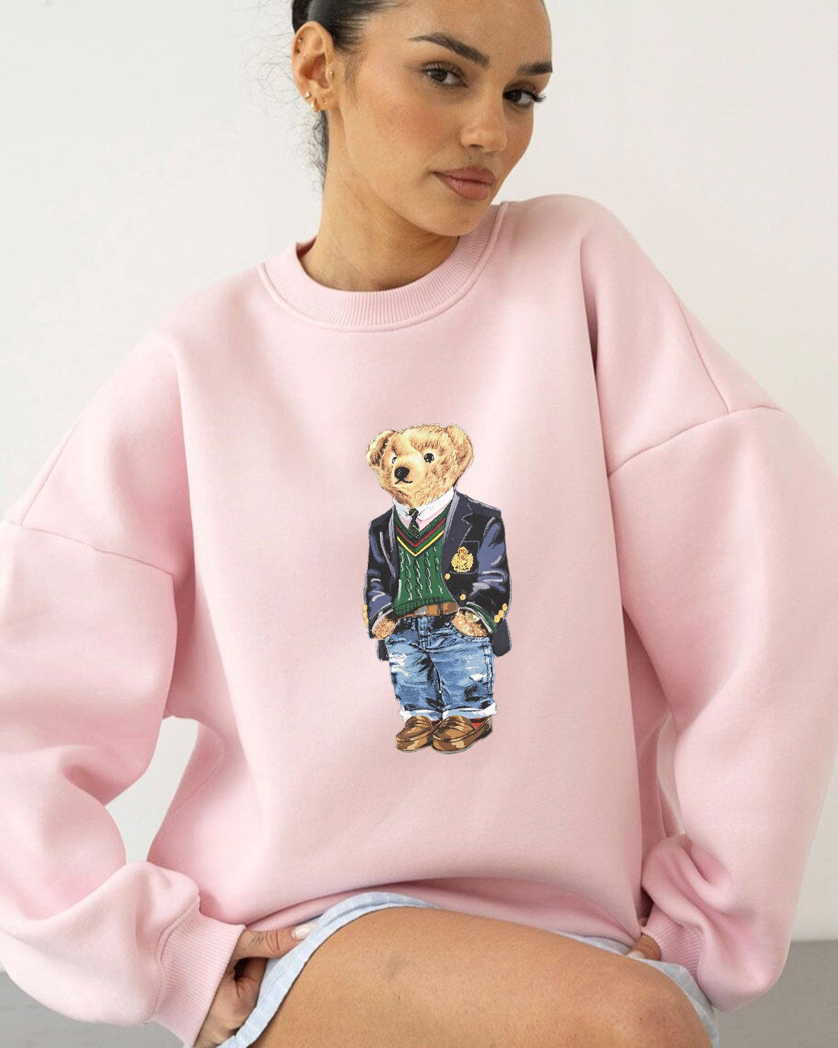 Kadın Oversize Sweatshirt Ivy Bear Baskılı Pembe – Bisiklet Yaka, 3 İplik Şardonlu