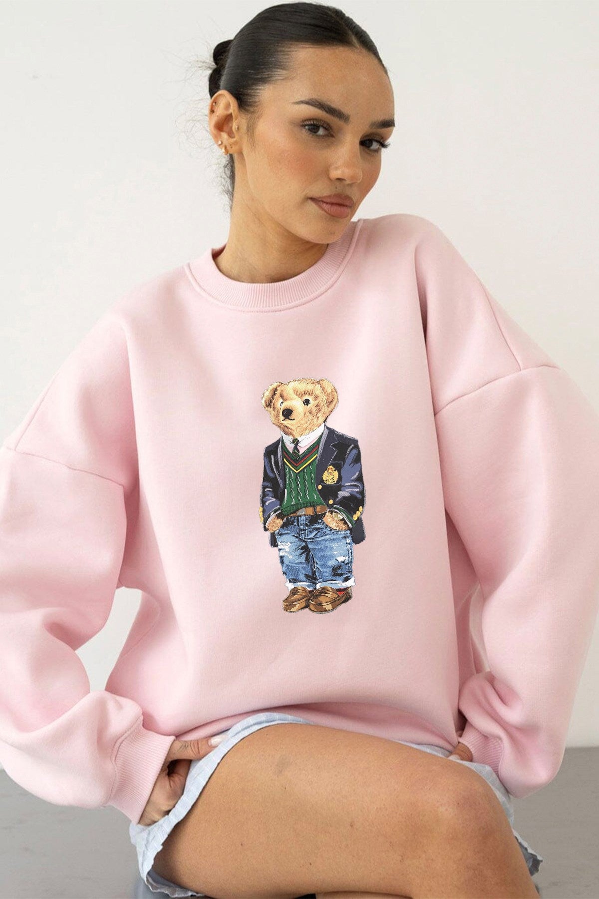 Kadın Oversize Sweatshirt Ivy Bear Baskılı Pembe – Bisiklet Yaka, 3 İplik Şardonlu