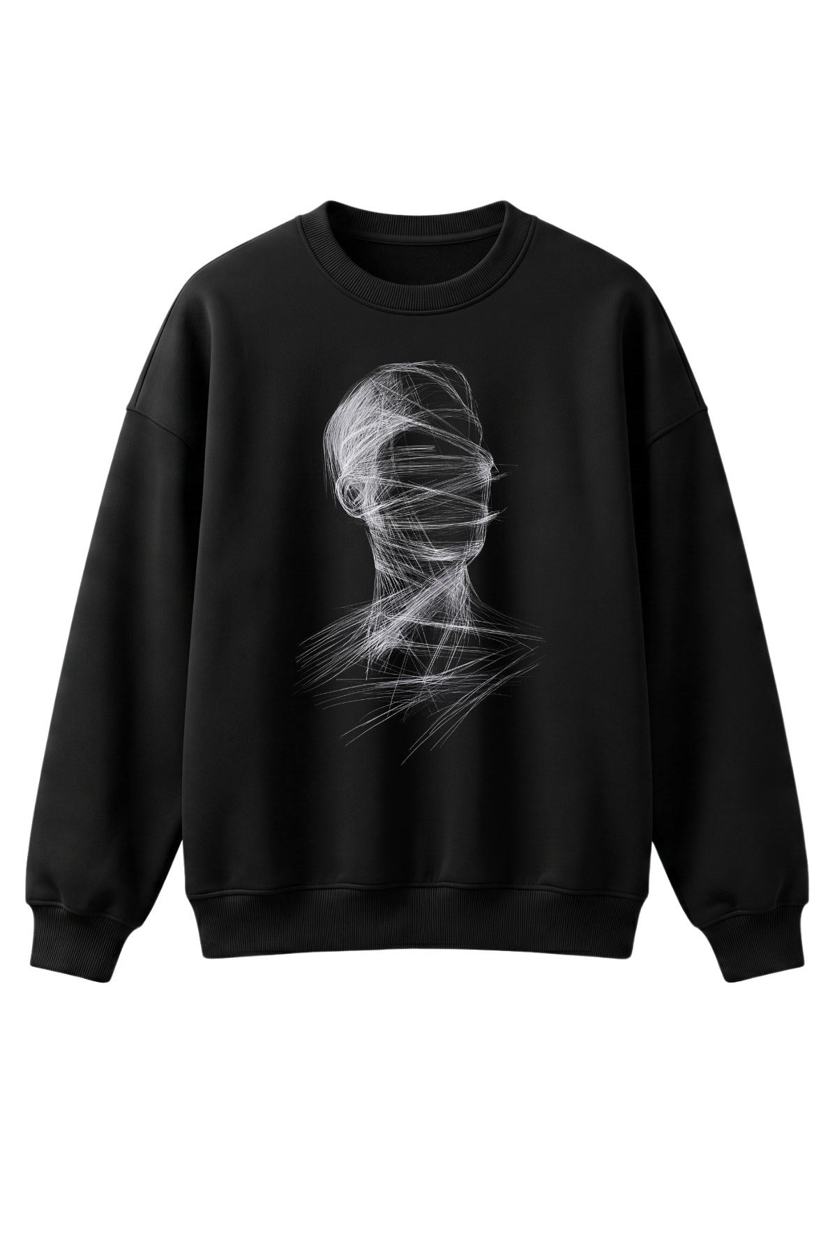 Erkek Oversize Sweatshirt Blind Trace Baskılı Siyah – Bisiklet Yaka, 3 İplik Şardonlu Polar