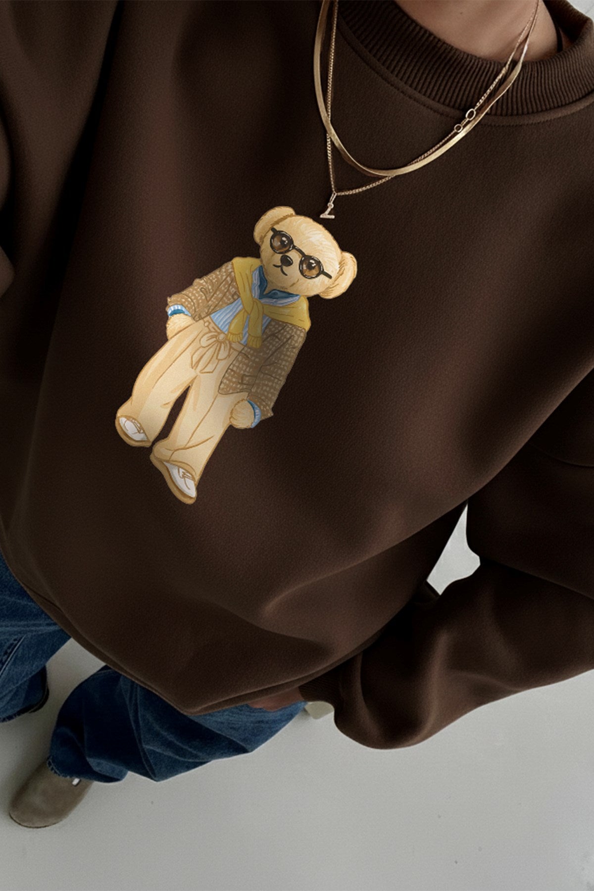 Kadın Oversize Sweatshirt Gentleman Bear Baskılı Kahverengi – Bisiklet Yaka, 3 İplik Şardonlu