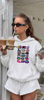 Kadın Oversize Hoodie Sweatshirt 90s Pop Patch Baskılı Beyaz – Kapüşonlu, Kanguru Cepli, 3 İplik