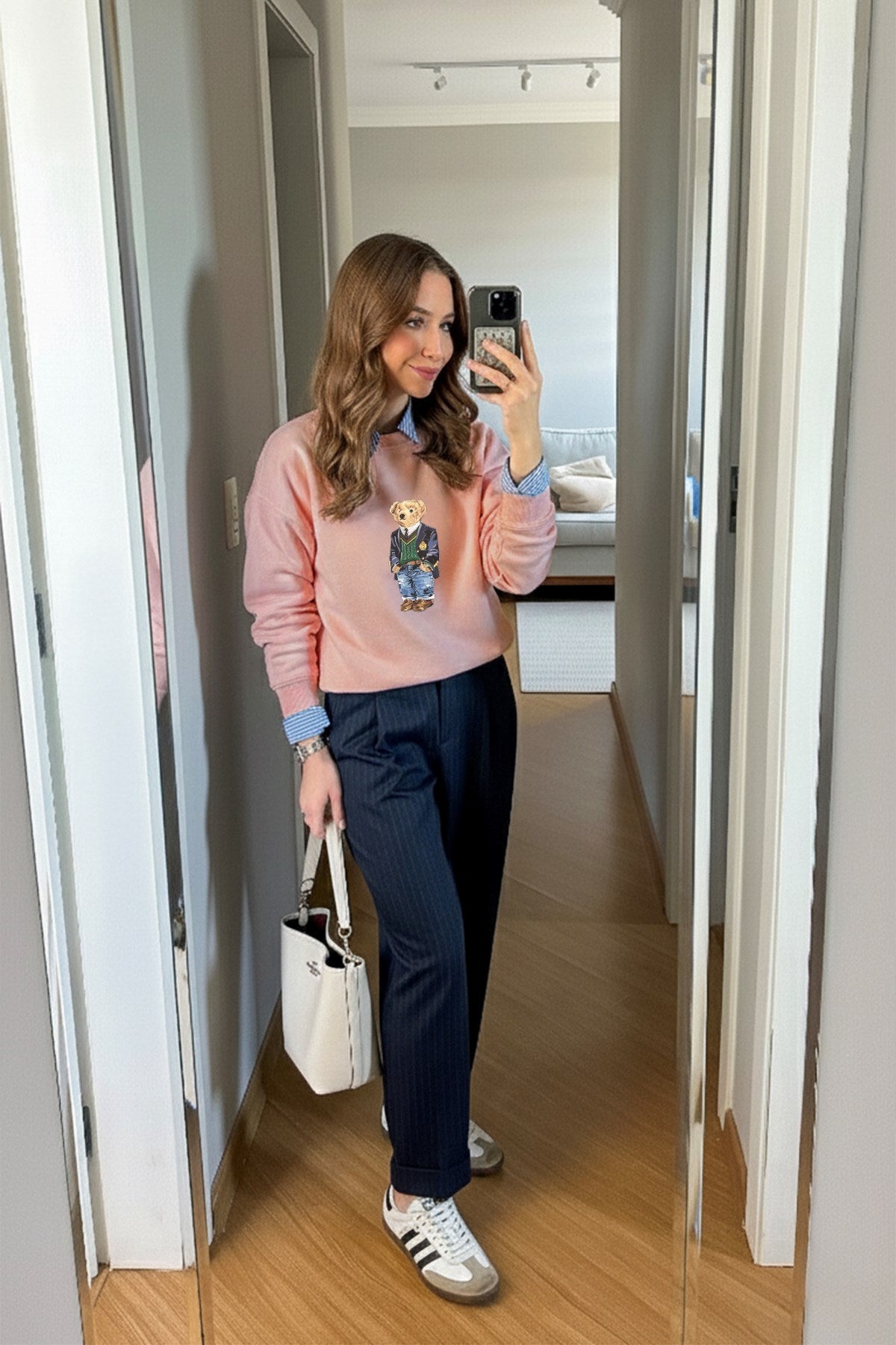 Kadın Oversize Sweatshirt Ivy Bear Baskılı Pembe – Bisiklet Yaka, 3 İplik Şardonlu