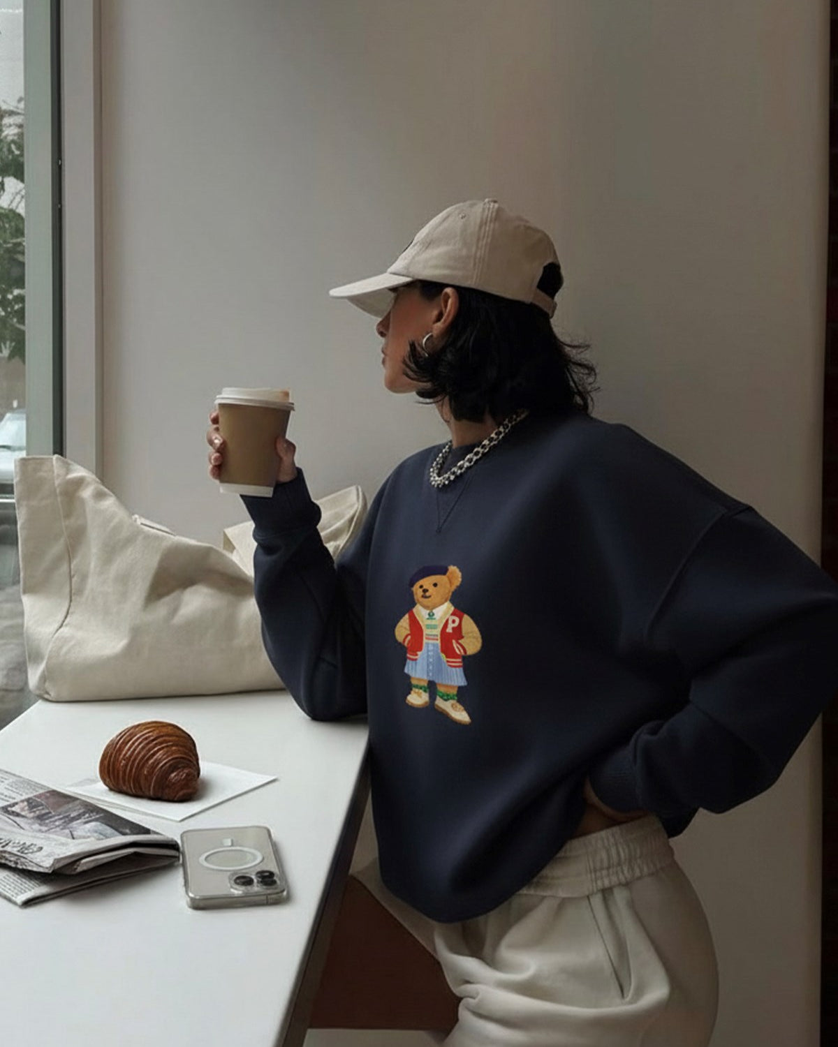 Kadın Oversize Sweatshirt Campus Bear Baskılı Lacivert – Bisiklet Yaka, 3 İplik Şardonlu Polar