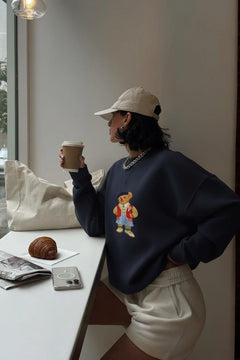 Kadın Oversize Sweatshirt Campus Bear Baskılı Lacivert – Bisiklet Yaka, 3 İplik Şardonlu Polar