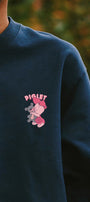 Kadın Oversize Sweatshirt Piglet Hugs Baskılı Lacivert – Bisiklet Yaka, 3 İplik Şardonlu Polar