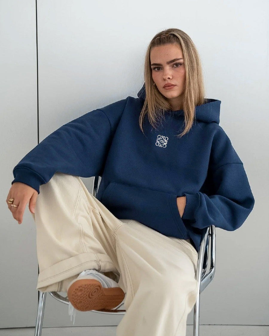 İndigo Unisex Yüksek Baskılı Kapüşonlu Kanguru Cepli Oversize Hoodie