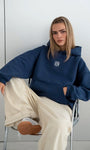 İndigo Unisex Yüksek Baskılı Kapüşonlu Kanguru Cepli Oversize Hoodie