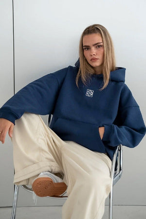 İndigo Unisex Yüksek Baskılı Kapüşonlu Kanguru Cepli Oversize Hoodie