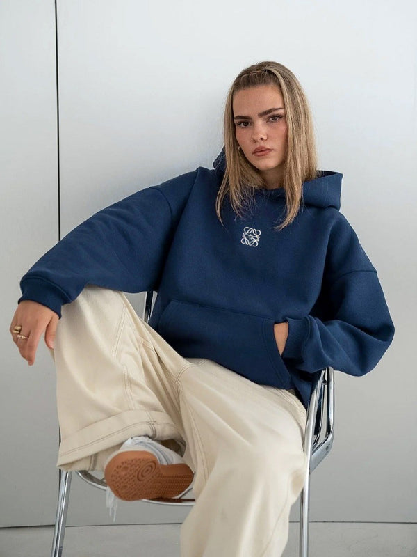 İndigo Unisex Yüksek Baskılı Kapüşonlu Kanguru Cepli Oversize Hoodie