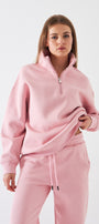 Unisex Oversize Sweatshirt Basic Pembe – Yarım Fermuar Dik Yaka, 3 İplik Şardonlu Polar