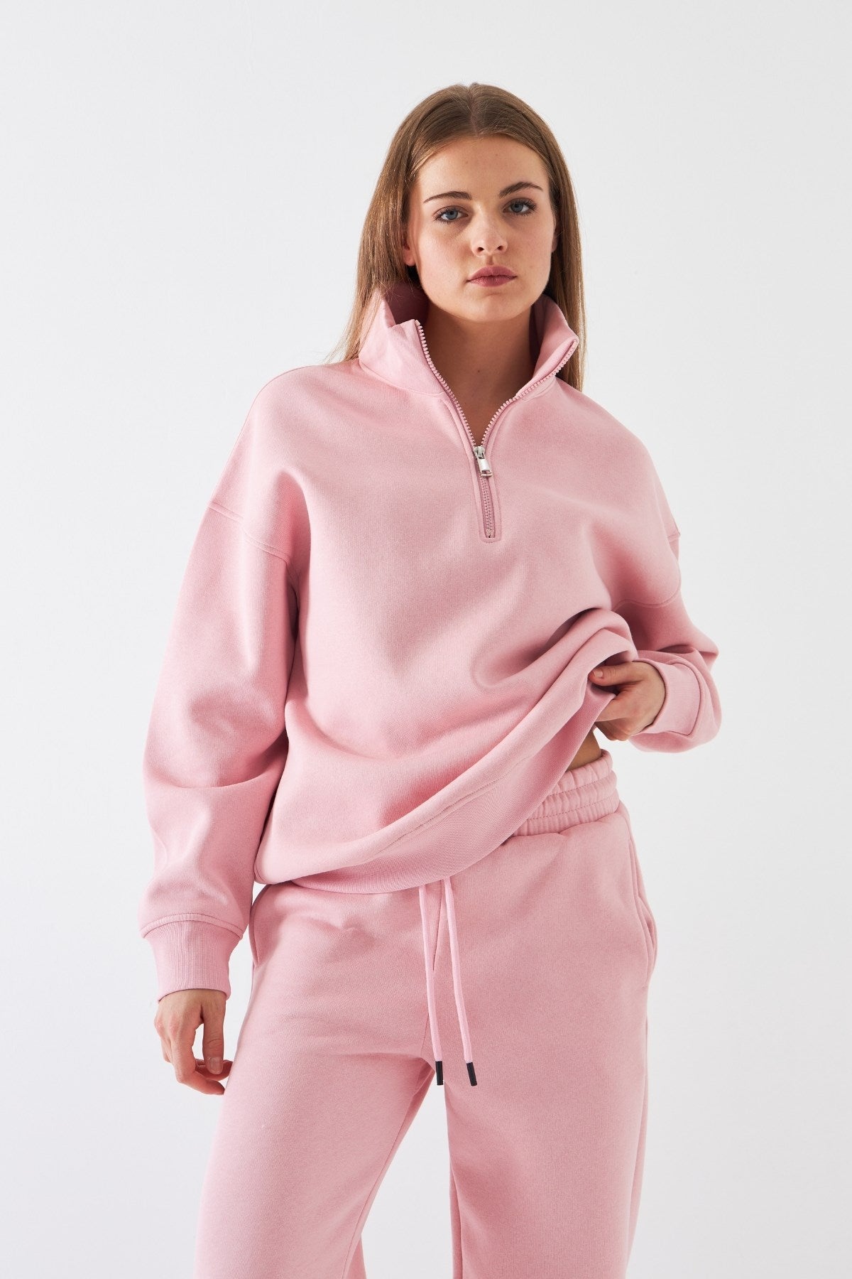 Unisex Oversize Sweatshirt Basic Pembe – Yarım Fermuar Dik Yaka, 3 İplik Şardonlu Polar