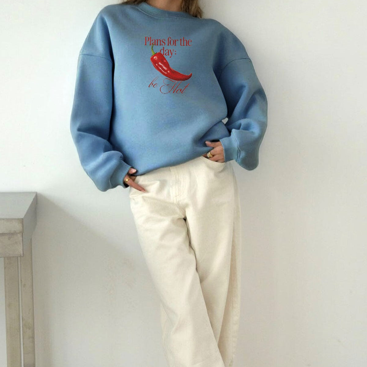 Kadın Oversize Sweatshirt Be Hot Baskılı Marine – Bisiklet Yaka, 3 İplik Şardonlu Polar