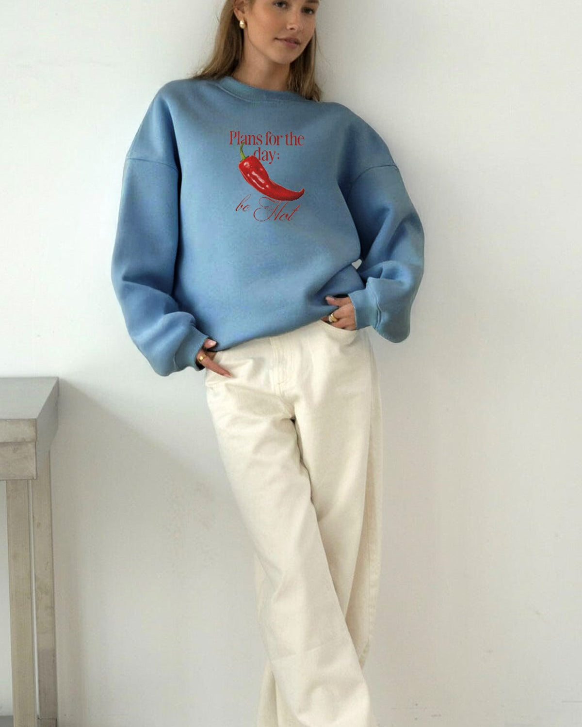 Kadın Oversize Sweatshirt Be Hot Baskılı Marine – Bisiklet Yaka, 3 İplik Şardonlu Polar