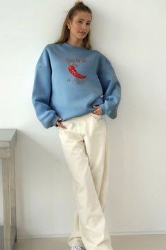 Kadın Oversize Sweatshirt Be Hot Baskılı Marine – Bisiklet Yaka, 3 İplik Şardonlu Polar